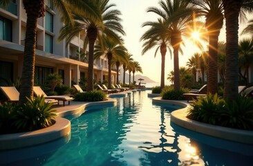 Fototapeta premium The river pool at the hotel at sunset. Beautiful tourist picture. Travel agency advertising