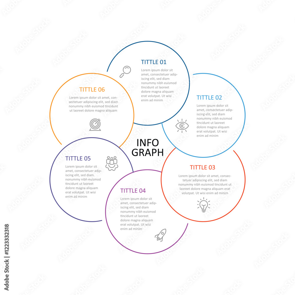 Aufkleber Design template infographic with line circle and 6 step point. Timeline process can be used for workflow, business presentation and web graphic design 