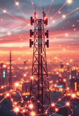 Connectivity concept, Telecommunication network empowers smart grid and 5G data, graphic novel art, with white tones