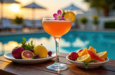 Multicolored cocktail on the background of the pool . Travel and tourism. The rest is all inclusive. Beautiful bright drinks