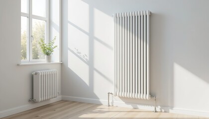 Modern White Column Radiators in Bright Sunny Room Interior Design Home Decor Elegant Heating System Stylish Apartment Warm Comfortable Home White    