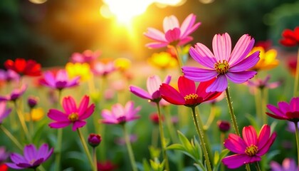 Sunset Bloom_ Vibrant Cosmos Flowers in Golden Light_