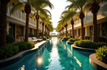 Fototapeta premium The river pool at the hotel at sunset. Beautiful tourist picture. Travel agency advertising