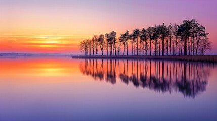 Stunning Sunset over Serene Lakeside with Reflective Waters and Silhouetted Trees