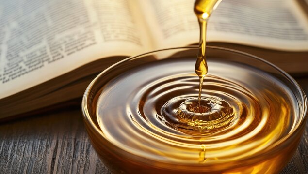 Golden Oil Dripping into a Glass Bowl near an Open Book
