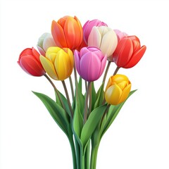 Fototapeta premium 3D icon cartoon of a tulip bouquet in vibrant spring colors, isolated on a white background 