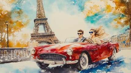 painting watercolor eiffel tower lovers in the car. Selective focus.