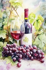 painting watercolor wine and grapes. Selective focus.