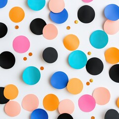 A colorful arrangement of circular paper cutouts in various hues scattered on a white background, creating a playful and festive atmosphere.