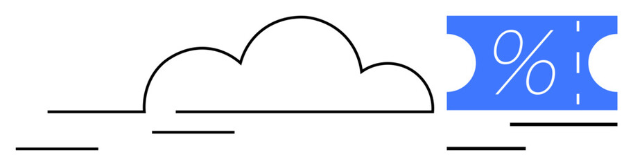 Cloud with horizontal lines suggesting movement, followed by a blue ticket with a percentage sign. Ideal for discounts, promotions, online shopping, sales, marketing, offers cloud storage. Flat