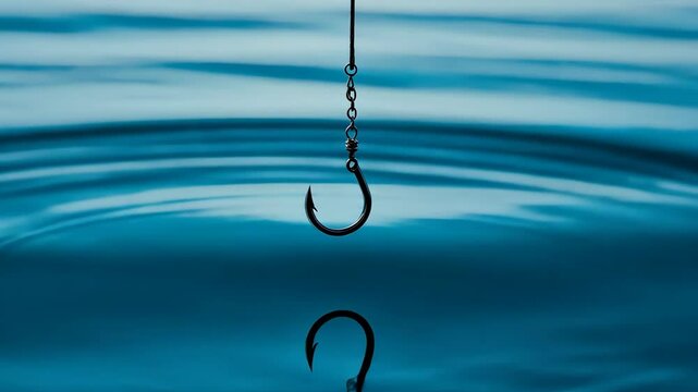 Fishing hook suspended above calm water reflecting in serene surroundings during early morning light