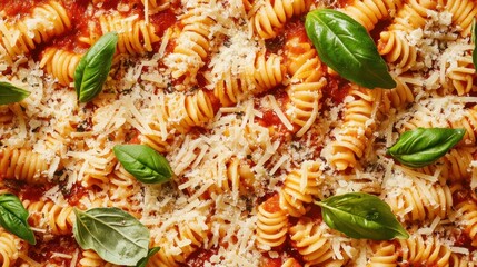Close-up of Delicious Pasta with Tomato Sauce, Basil, and Parmesan Cheese