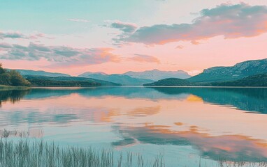 Fototapeta premium A tranquil lake with crystal-clear water reflecting surrounding mountains and a pastel sunset sky