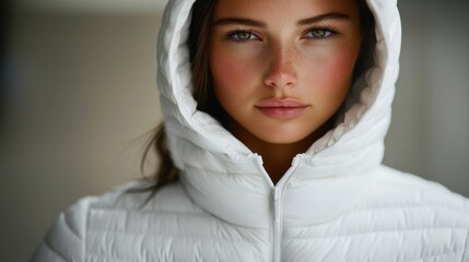 Fototapeta premium A woman wearing a white jacket with a hood, standing alone