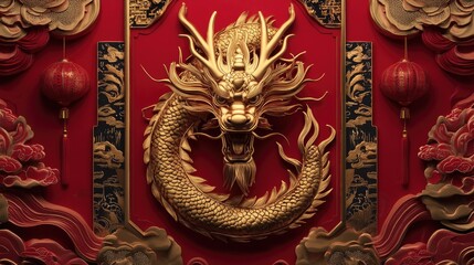 Fototapeta premium A Chinese New Year poster design with an elegant gold dragon, red background, and traditional festive symbols
