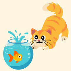 Fototapeta premium Playful flat style illustration of an orange cat interacting with a fish in a bowl. Bright and cheerful design suitable for children's products, greeting cards, or playful digital content.