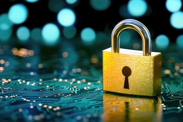 A digital padlock sitting on a glowing circuit board, representing cybersecurity and data protection in a futuristic technology setting