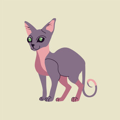 Stylish flat style illustration of a sphynx cat with green eyes. Bright and cheerful design suitable for children's products, greeting cards, or playful digital content.