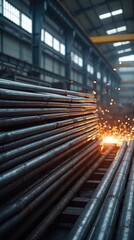 Obraz premium Industrial Steel Manufacturing Plant with Stacked Metal Rods and Sparks Flying