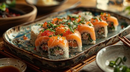 Sushi rolls on a plate with chopsticks on the side, food background