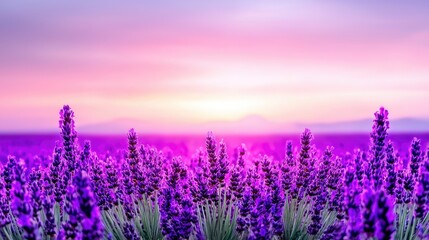 Fototapeta premium Lavender flowers blooming in a vast field under a vibrant purple and pink sunset sky.