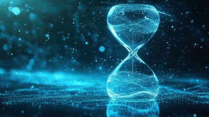 A luminous hourglass filled with digital particles symbolizing the passage of time in education and the cultivation of knowledge that shapes the future.