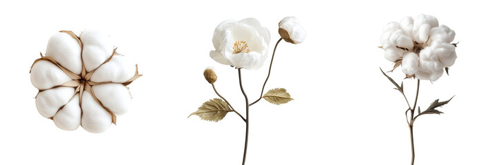 Set of White cotton flower, Cotton, white cotton isolated on a transparent background