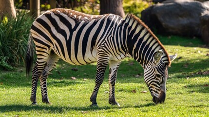 Striped Beauty Grazing in the Sun: A Zebra in a Lush Green Meadow