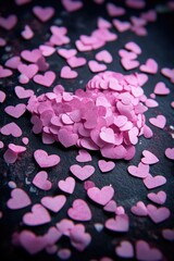 Fototapeta premium A pile of pink confetti hearts scattered on a black surface, ideal for party or celebration themed projects