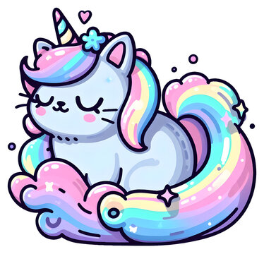 A cute cartoon unicorn cat with rainbow hair. Transparent background sticker