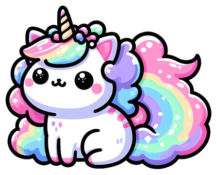 A cute cartoon unicorn cat with rainbow hair. Transparent background sticker