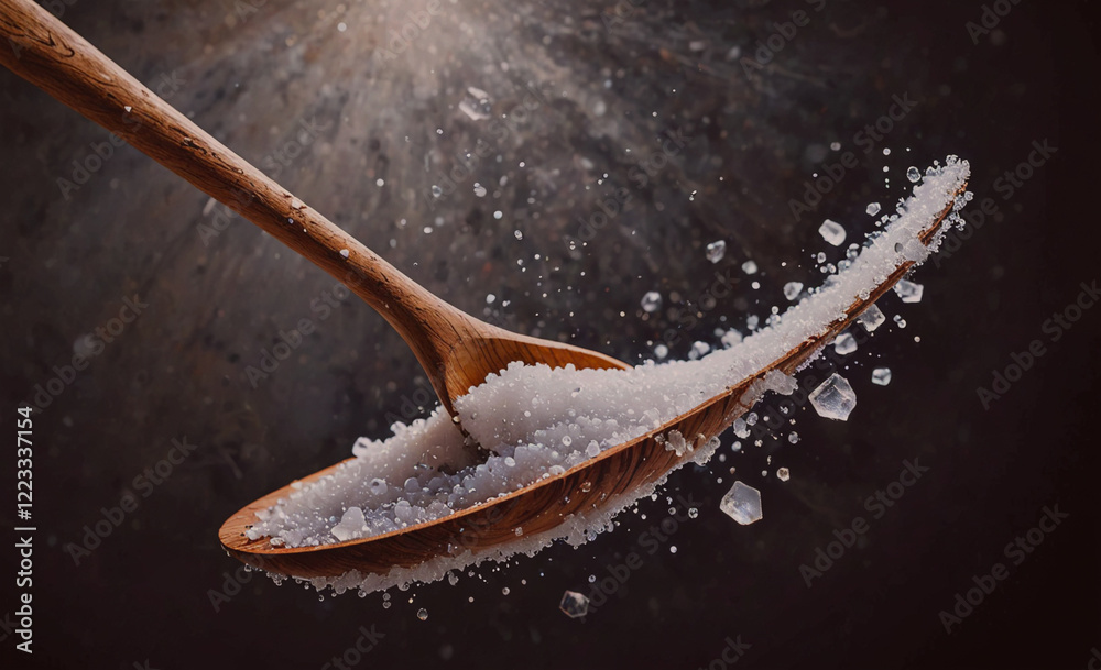 Aufkleber a spoonful of salt is shown in the air, with the spoon's handle pointing upwards. the salt is fallin