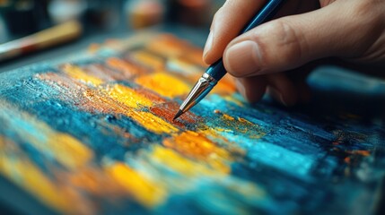 A Close-Up Shot of an Artist's Hand Skillfully Applying Paint to a Canvas, Creating a Vivid and Textured Masterpiece
