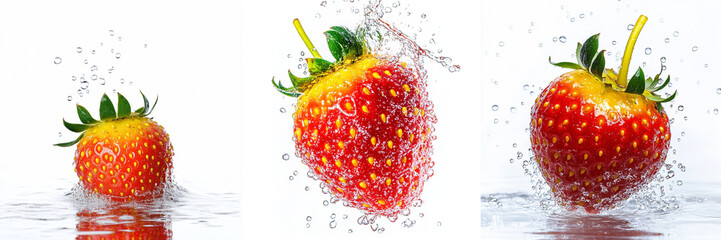 Set of a strawberry splashing water, Strawberry splashing water isolated on a transparent background