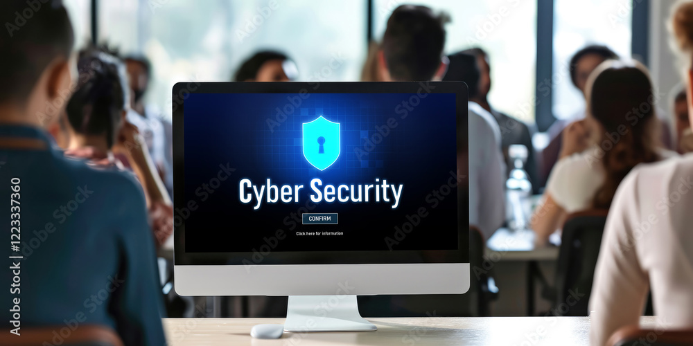Poster cyber security system on computer screen protect private information brisk from hacker and cyber att