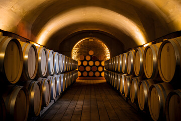 A high-resolution wide image of a dimly lit wine cellar with rows of oak barrels, ambient lighting