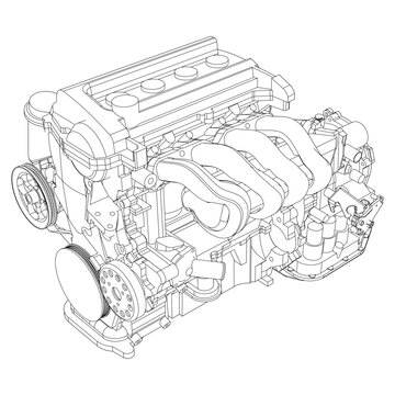 Technical Engine Drawings. Internal Combustion, Electric Motor, Motorcycle, and Rocket for High-Tech Concepts