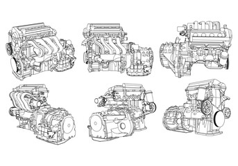 Engine Illustration Set. Car, Motorcycle, Electric Motor, and Rocket Engine for Science and Engineering Projects