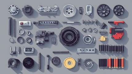 Obraz premium A collection of spare auto parts displayed on a grey background, featuring various new items ready for sale in a shop or aftermarket. 