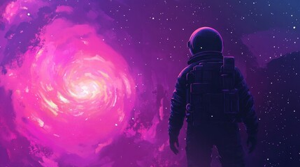 Astronaut Gazing at a Cosmic Purple Nebula