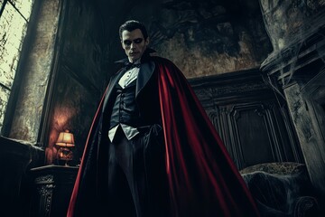 Naklejka premium Classic Gothic Vampire Red Cape Dark Background - Traditional Vampire Character Events