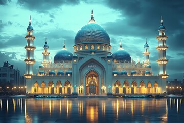 Obraz premium Illuminated Mosque with Reflection on Water During Twilight