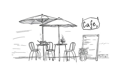 Obraz premium an outdoor cafe with tables and chairs under umbrellas