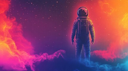 Fototapeta premium Astronaut standing on a colorful nebula gazing into space