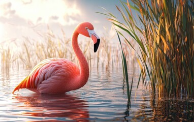 Fototapeta premium Realistic 3D icon cartoon flamingo wading in shallow water with tall reeds nearby