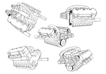 Engine Illustration Set. Car, Motorcycle, Electric Motor, and Rocket Engine for Science and Engineering Projects