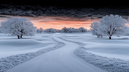 Obraz premium Snowy path winding through frosty golf course at sunrise. Winter landscape for travel brochure