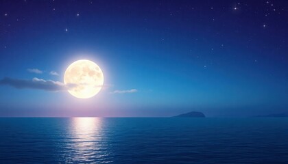 Tranquil Full Moon Calm Ocean - Romantic Night Landscape