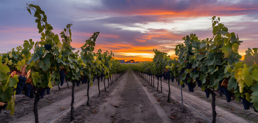 A high resolution wide image of a vineyard with a colorful sunset in the background