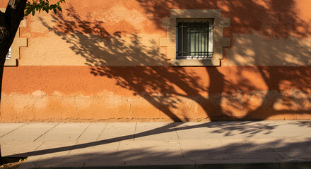 Tree shadow. Terracotta red brown beige orange house wall and sidewalk. Exterior street outdoor. Background. Space for product design object. Moskup stage template presentation. Plant leaves nature.